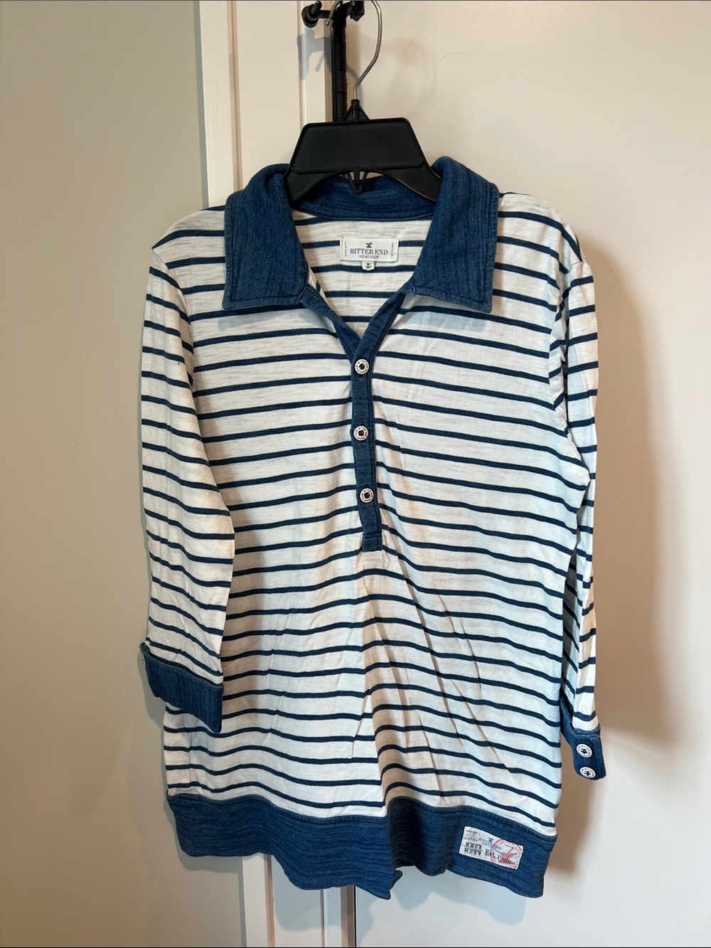 Bitter End Yacht Club Striped V-Neck Collared Sweater in Navy and White